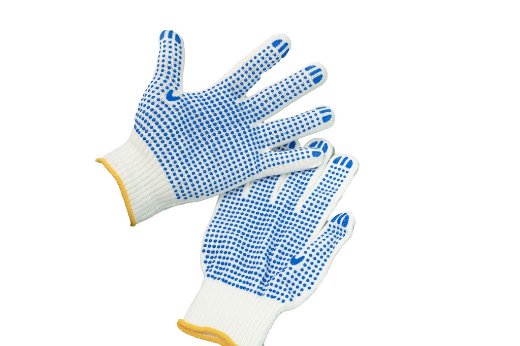 White gloves with blue dots