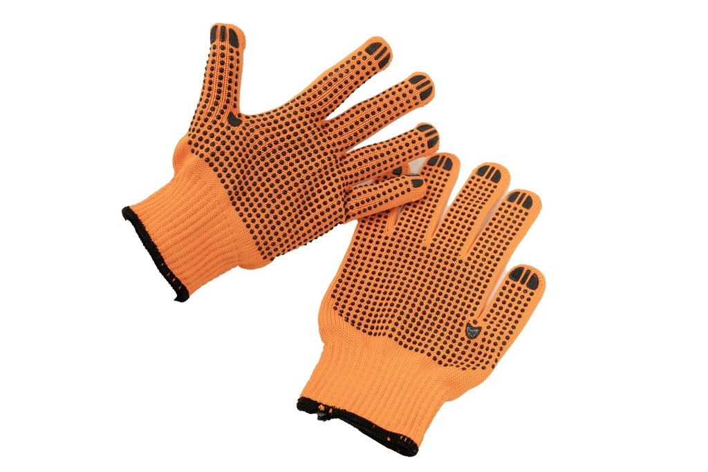 Orange gloves with black insulating dots